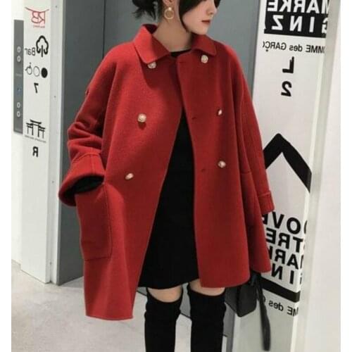 Short Elegant Fashion Fall Jacket for Women Long Solid Wool Coat Jacket Casual Double Breasted Pockets Plus Size Coat Red Black