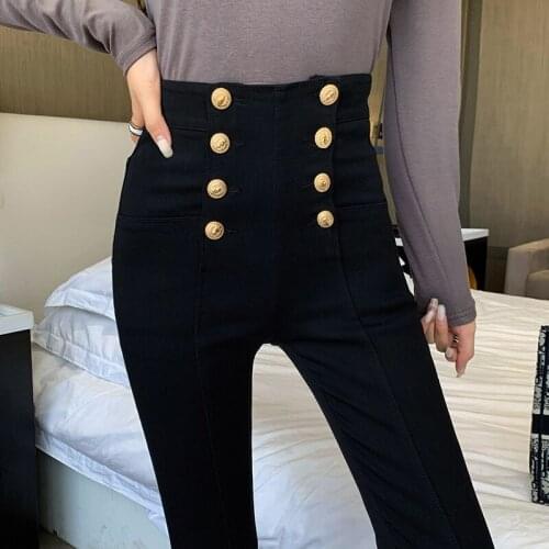 Fashion Womens Trousers 2021 Autumn New High-elastic Double-breasted Tight-fitting High-waisted Slimming Pants Womens Pants
