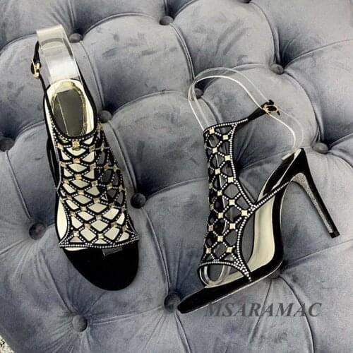 Sexy shiny crystal hollow high heel sandals black and white leather peep toe dress shoes fashion street girl party shoes