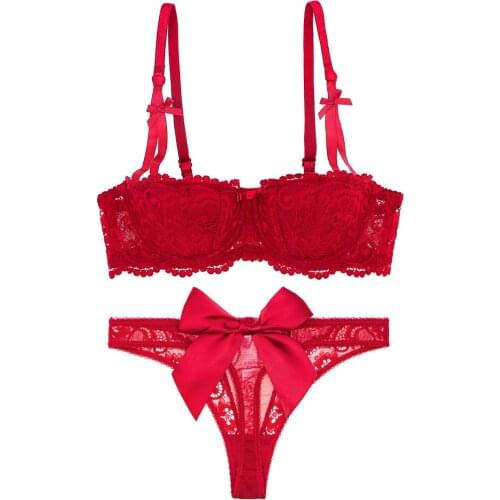 Sexy shell half cup underwire gather bra ladies embroidered big bow erotic lace thong black red 2pieces/set CYHWR