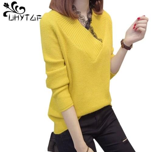 UHYTGF Winter Woman Sweater Lace V-neck Sweaters Womens Knitted Pullover Fashion Autumn Short Elasticity Warm Sweater Ladies 647