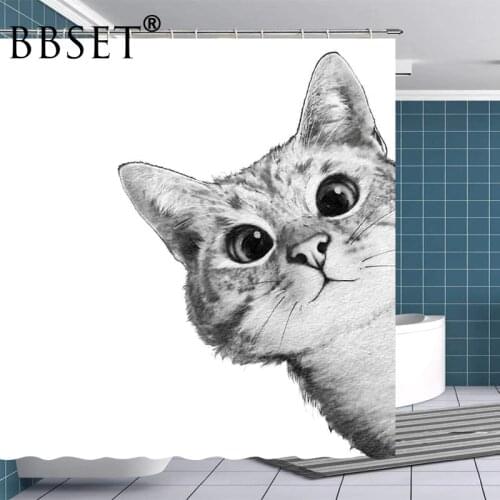Funny Animals Shower Curtain Little Cat Looking Alone Pattern Waterproof Multi-size Douchegordijn Bathroom Decor with 12 Hooks