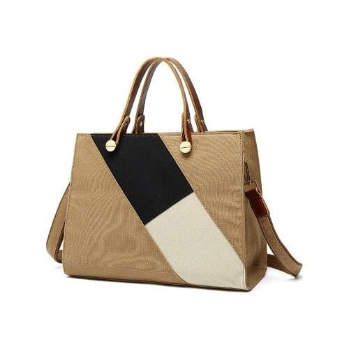 Women elegant canvas top-handle bag for female causal commute handbag large capacity one shoulder color block bag