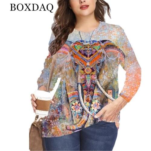2021 New Fashion Animal Elephant Tusks Print Boho Women T-Shirt Long Sleeve Female Casual Pullover 5XL 6XL Top Plus Size Clothes