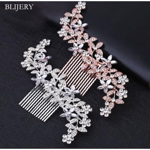 BLIJERY Rose Gold Color Crystal Bridal Hair Accessories Large Floral Wedding Hair Combs for Women Hair Jewelry Brides Headpiece