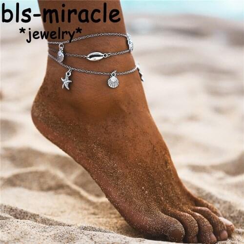 YC-UPGO Bohemia Antique Silver Color Multilayer Anklets For Women Starfish Shell Turtle Anklet Bracelet On The Leg Jewelry