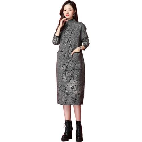2021 Vintage Plaid Knitted Long Sleeve Turtleneck Dress Women Pockets Casual Sweater Dresses Autumn Winter Women Elegant Dresse