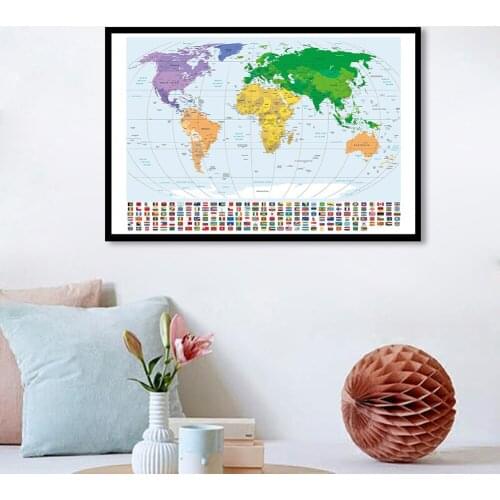 3*2 Feet The World Map with National Flags Canvas Painting Modern Wall Art Poster School Supplies Classroom Home Decor