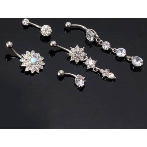 5Pcs Titanium Dangle Belly Button Ring Navel Curved Barbel CZ Stone Piercing Set