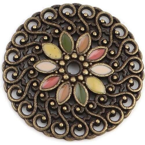8Seasons Bohemian Zinc Alloy Connectors Round Antique Bronze Multicolor Filigree Enamel DIY Making Jewelry 25mm Dia., 10 PCs