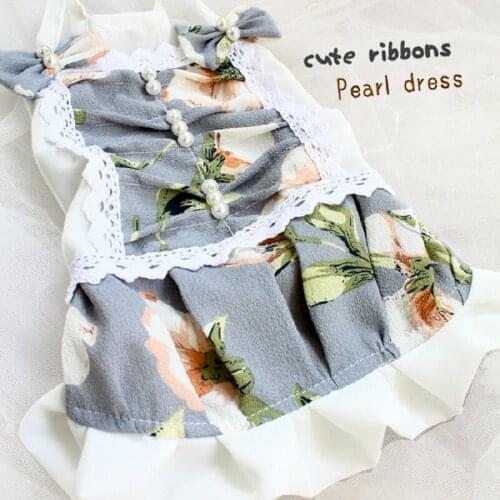 Free Shipping Handmade Dog Clothes Ink Wash Flowers Pearl Bow Chiffon Lantern Skirt Dog Dress Poodle Yorkie Maltese