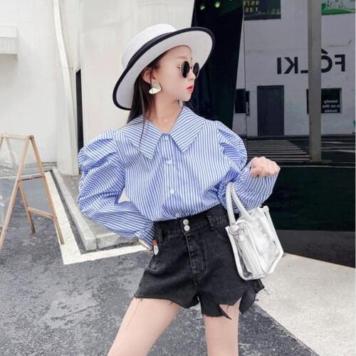 Baby Girl 2021 New Spring Autumn New Striped Shirt Children Puff Sleeve Casual Blouse Teenage Loose Cotton Blouses Girl Wz314