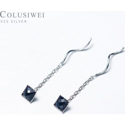 Colusiwei Stylish Square Natural Agate Dangle Earrings for Women Long Chain Wave Earrings Genuine 925 Sterling Silver Jewelry