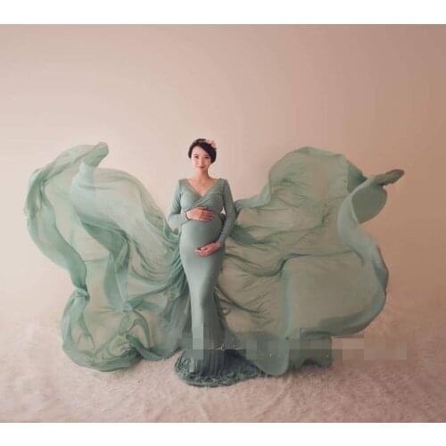 Elegant Long Sleeve Mermaid Maternity Dresses Custom Made V-Neck Long Pregnant Formal Dress Photography Dress Prom Gown