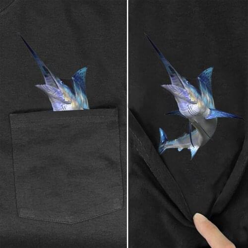 Cotton T-Shirt Summer Pocket Swordfish Fishing 3D Printed Casual Tshirts Men for Women Short Sleeve Tops Funny Cotton Black Tees