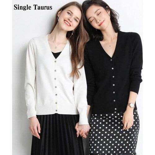 2020 Spring and Autumn Wool Female Sweaters V Neck Long Sleeve Loose Knitting Cashmere Cardigans Women Casual Elegant Woman Tops