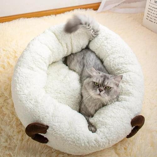 Round Lamb Wool Cat Bed Kitten Deep Sleeping Sofa Mat Cute Sheep Shape Comfort Puppy Cushion Dog Kennel Winter Warm Soft Pet Mat