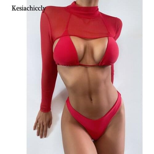 Kesiachiccly 3 piece mesh bikini 2021 swimsuit women Sexy Long Sleeve swimwear women high waist bikini set High cut bathing suit