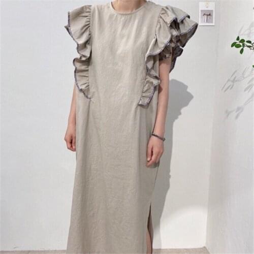 Pure Summer O-neck Wild Split Dress with Wooden Ears