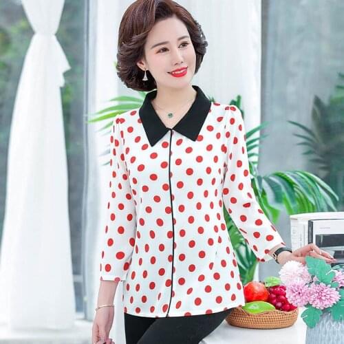 Fashion Dots Chiffon Shirts Women Doll Collar Temeperament Elegant Pullover Nine Points Sleeve Blouses Ladies Tops MM1061