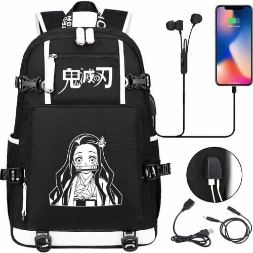 Cartoon Demon Slayer Cute Nezuko USB Boy Girl Book School Bag Large Capacity Teenagers Student Schoolbags Women Men Backpack