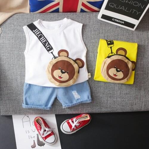 New Summer TOP VEST Children Boys Girls Baby Fashion Infant Clothing Set Kids Cotton Cartoon Shorts Suit With Bag Baby Tracksuit