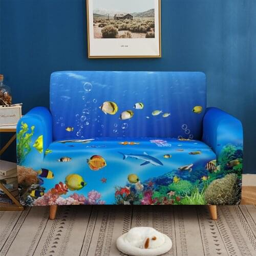Ocean Seabed Tropical Fish Dustproof Non-slip Elastic Living Room Corner Sofa Cover Armrest Combination Sofa 1/2/3/4 Seat Cover