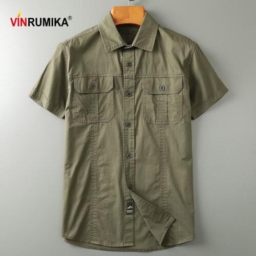 2020 Summer Europe Military Casual Style Mens Army Green Shirt Man High Quality 100% Cotton Black Short Sleeve Shirts Khaki Top