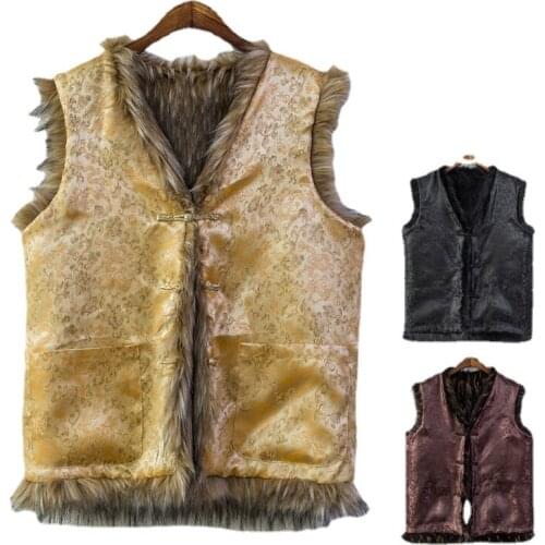 S-6XL Mens Fur Vest Mule Wool Vest Silk Tang Dress Thick and Warm Shoulder-length Wear Casual Top Large Size