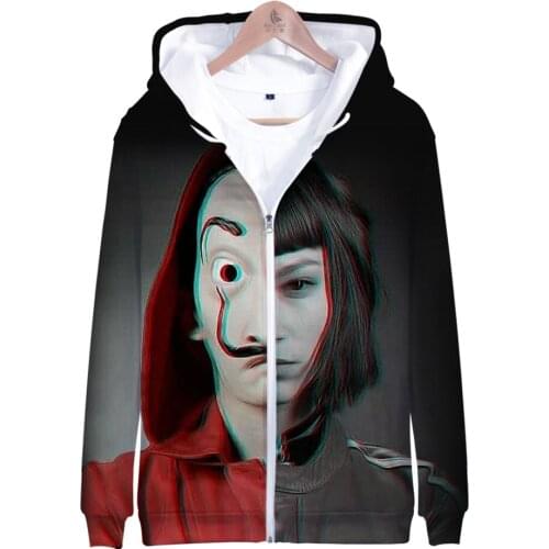 TV series La casa de papel Money Heist House of Paper 3D Zipper hooded sweatshirt Men/Women Hip hop Casual Zipper clothes