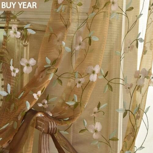 New Coffee Color Magnolia Flower Embroidered Tulle Curtains for Living Room Multi-color Thread Embroidery Window Screen Curtains