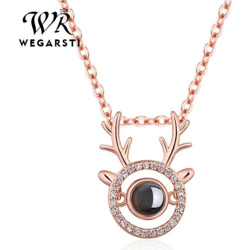 WEGARSTI Cute Antlers Round Choker Pendant Necklace For Women Engagement Rose Gold Color 925 Sterling Silver Jewelry Gift