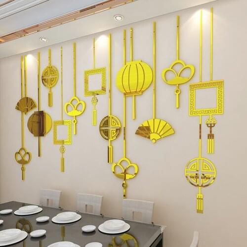 WS201 Golden mirror Chinese fan sub living room background wall decoration restaurant wall decoration acrylic wall stickers
