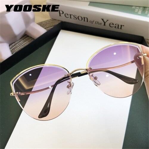 YOOSKE New Rimless Sunglasses Women Cat Eye Sun Glasses Shades Ladies Gradient Sunglass Clear Color Lenses UV400 Luxury Brand