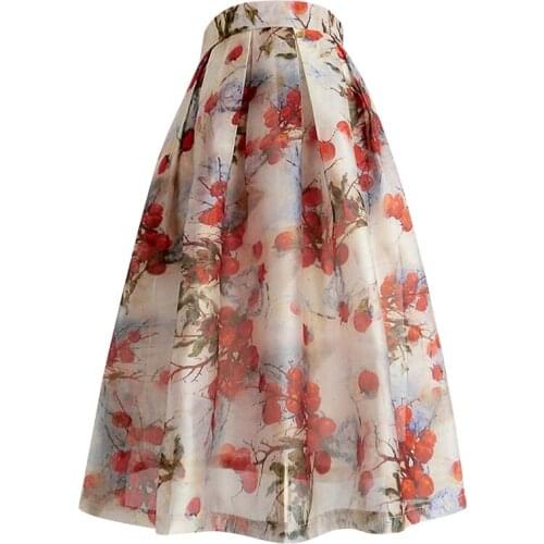 2021 summer vintgae organza floral printed ball gown skirt women high waist knee length umbrella skirt plus size 2XL