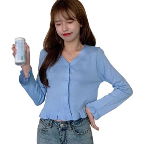 Womens t-Shirts Solid Color v-Neck Ruffled Casual Korean Style Tee Short Knit Camiseta Top