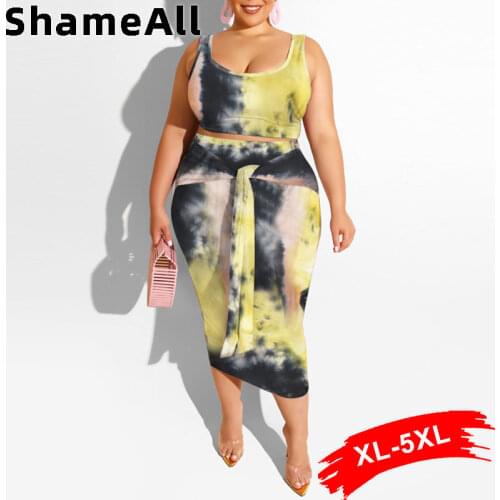Plus Size Women Suits 4XL Street Sexy Sleeveless U Neck Tank Tops Tie Dye Bandage Pencil Skirt 2 Two Piece Sets Sheath Outfits