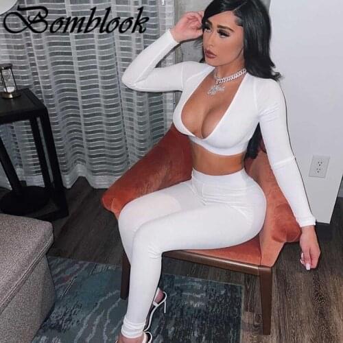 Bomblook Sexy Party Club Womens Suit Summer 2021 Solid Deep V-neck Long Sleeve Crop Tops Slim Pencil Pant Sets Femme Streetwear