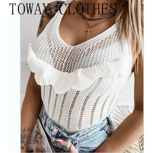 Women Summer Solid Rib-knit U-Neck Sleeveless Ruffle Hem Cami Bodycon Vest Casual Chic Tank Tops
