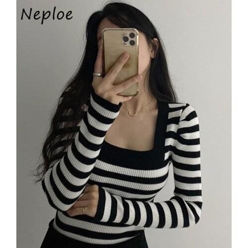 Retro Temperament Pullover Contrast Striped Womens Sweaters Chic Autumn Square Neck Slim Sweater Women Long Sleeve Top