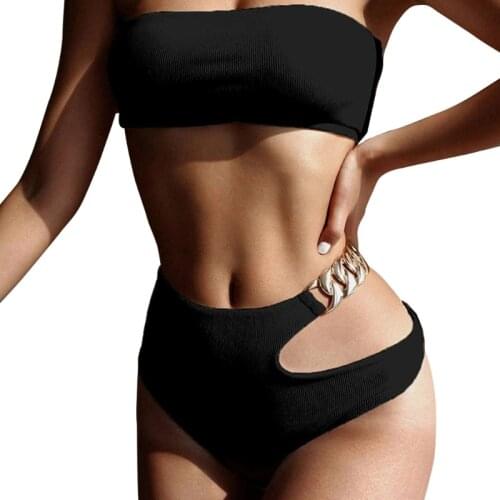 Women Sexy 2pcs Bikini Set Strapless Bandeau Ribbed Solid Color Swimsuit Cutout High Waist Chain Thong Bathing Suit