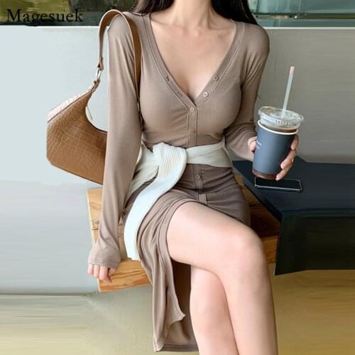 New Spring Knitted Sweater Dress Women V-Neck Split Sheath Sexy Midi Dress Long Sleeve Casual Ladies Dresses Vestidos 12583