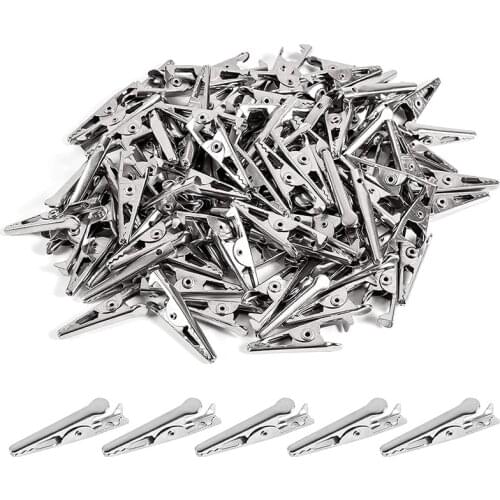 100PCS 1.06IN / 27mm Mini Metal Alligator Clips, Crocodile Clamps Silver Tone Nickel Plated Test Line Spring Clamps