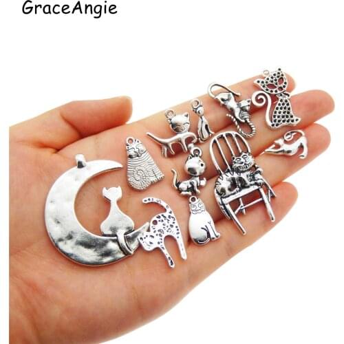 12pcs/pack Cat charm Cats Moon Star Mix Funny Animal Jewelry Pendant Antique Cute DIY Chocker Necklace Earrings DIY CraftColor