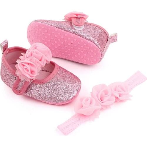 2Pcs Baby Shoes Headband Set Cute Floral Non Slip Infant Toddler First Walkers Soft Sole Princess Baby Girl Shoes Spring Summer