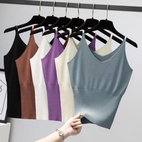2021 chic basic V-NECK camisole Summer knit Tank top Women strap basic Sexy Thin camis female casual solid knit tank vest