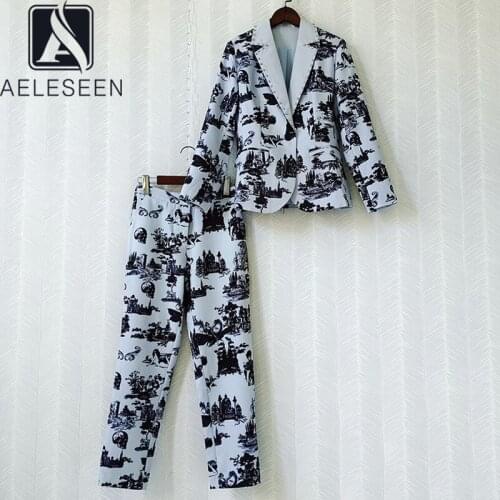 AELESEEN High Quality Women 2 Pieces Sets 2021 Autumn Winter Office Ladies Blazers+Full-Length Pants Flower Print Suits