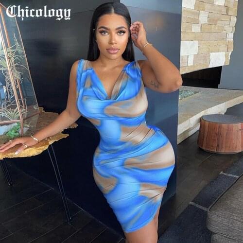 Chicology 2021 Summer Tie Dye Anti Print Dress Bodycon Sleeveless Deep V Neck Skinny Women Simple Style Dresses