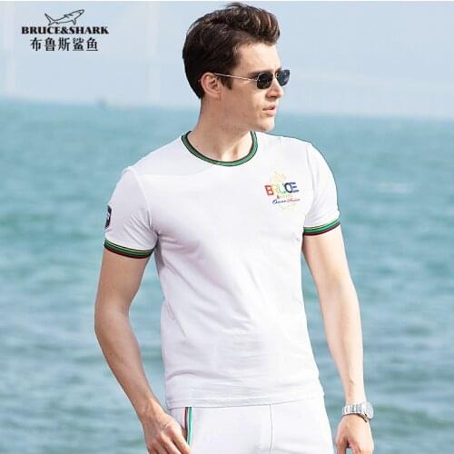 New Pure Cotton Men T-Shirt Tops Male Tees Fashion Bruce&Shark nice embroidery Short Round T-Shir Camisa big 4XL Loose Regular