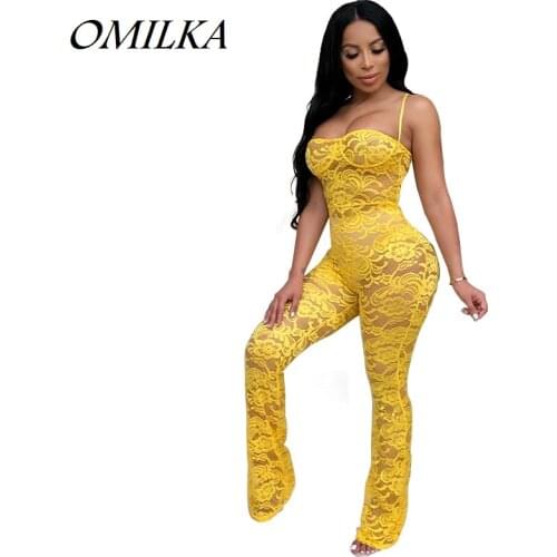 OMILKA 2018 Autumn Women Strap Backless Bodycon Lace Rompers and Jumpsuits Sexy Yellow Hollow Out Wide Leg Club Party Overalls